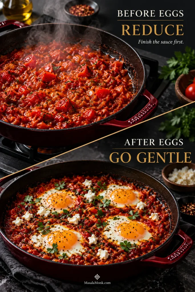 Instructional image comparing bubbling tomato sauce reducing before the eggs are added with shakshuka eggs cooking more gently in the second stage.