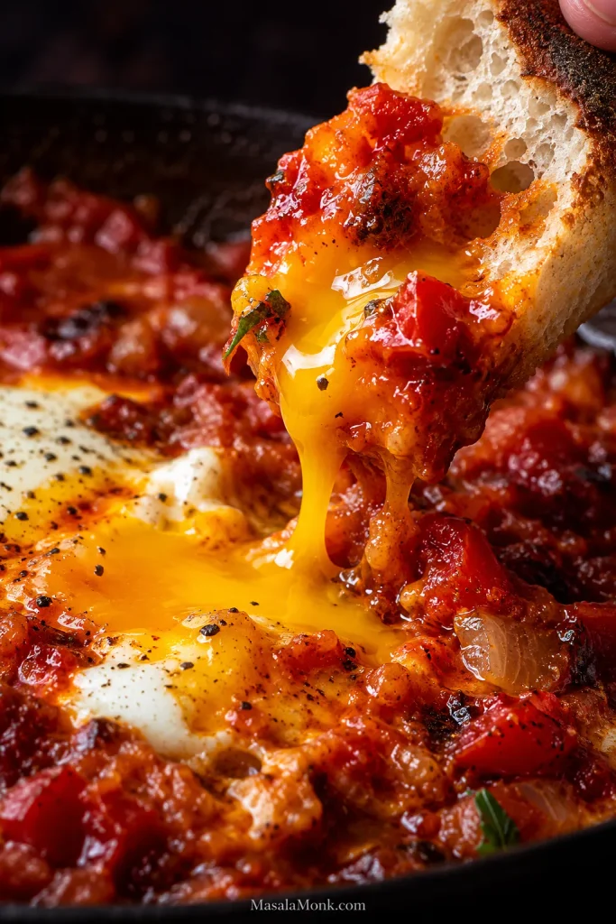 Extreme close-up of torn bread lifting thick tomato-pepper sauce and flowing golden egg yolk from a skillet of shakshuka.