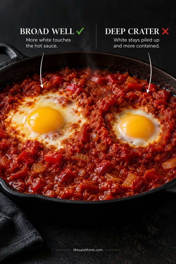 Skillet comparing an egg in a broad shallow well with its white spread over the sauce and another egg sitting in a deeper, narrower crater.
