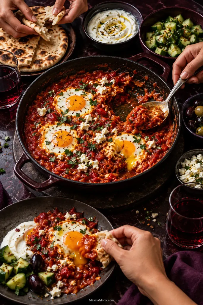Several hands sharing shakshuka from a skillet at a dark table with torn bread, yogurt or labneh, cucumber salad, olives and plates of eggs with tomato sauce.
