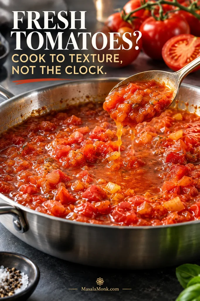 Stainless-steel skillet filled with loose chunky fresh-tomato sauce, with visible liquid and a spoon lifting some of the sauce while fresh tomatoes sit nearby.