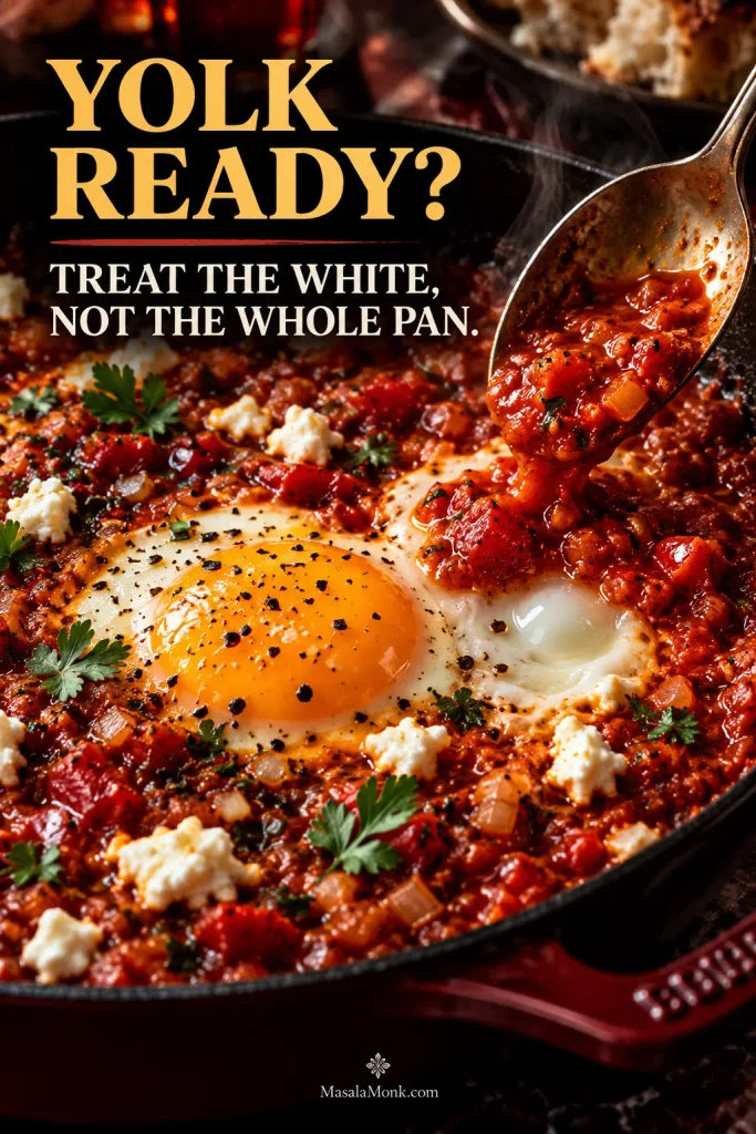 Close-up of a soft golden egg yolk beside translucent white as a spoon places hot tomato sauce directly over the undercooked white.