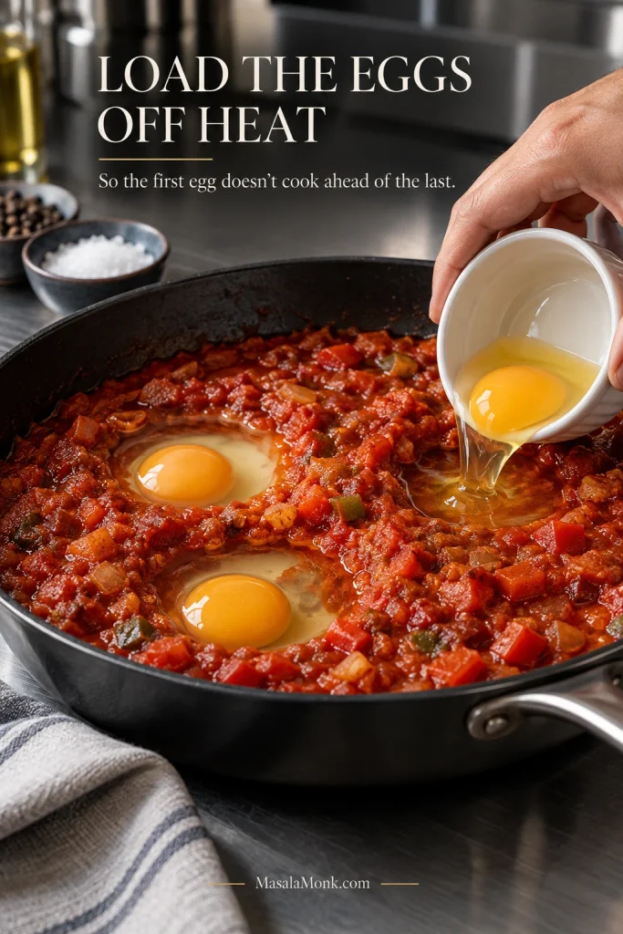 Hand sliding a raw egg from a small bowl into finished tomato sauce while other raw eggs rest in shallow wells in a skillet off the heat.