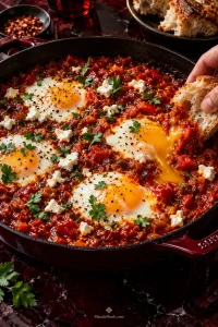 Dark skillet of shakshuka with several eggs in thick red tomato-pepper sauce, one broken golden yolk flowing into the sauce as torn bread dips into the pan.