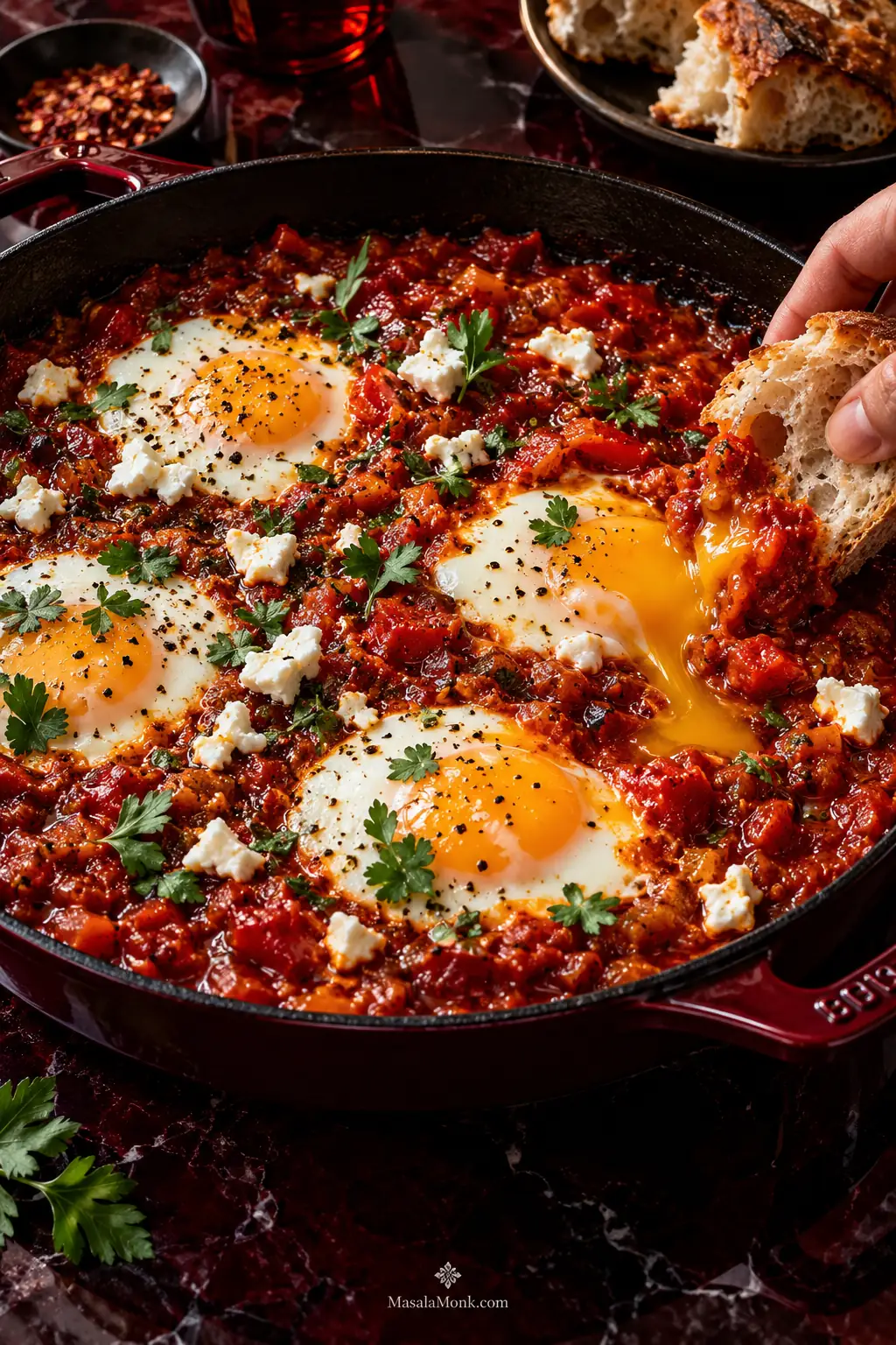 Dark skillet of shakshuka with several eggs in thick red tomato-pepper sauce, one broken golden yolk flowing into the sauce as torn bread dips into the pan.