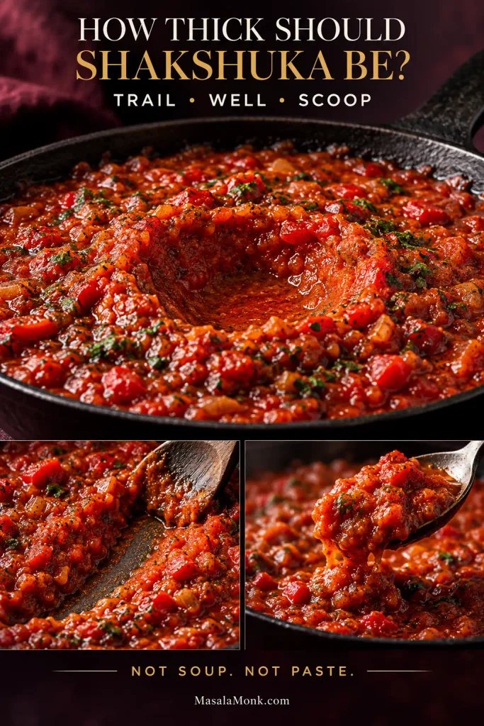 Thick shakshuka sauce shown with a spoon trail, a broad hollow that holds its shape, and a spoon lifting a scoop of tomato sauce.
