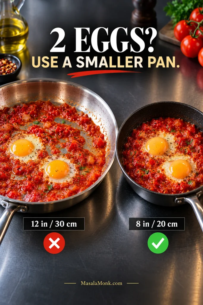 Large 12-inch skillet and smaller 8-inch skillet each holding two shakshuka eggs, showing thinner sauce in the larger pan and deeper sauce in the smaller pan.