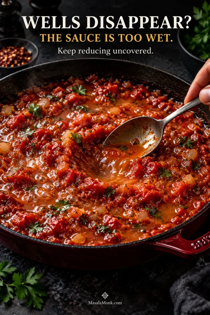 Spoon pressing a hollow into loose tomato sauce as watery liquid flows back into the space before the well can hold its shape.