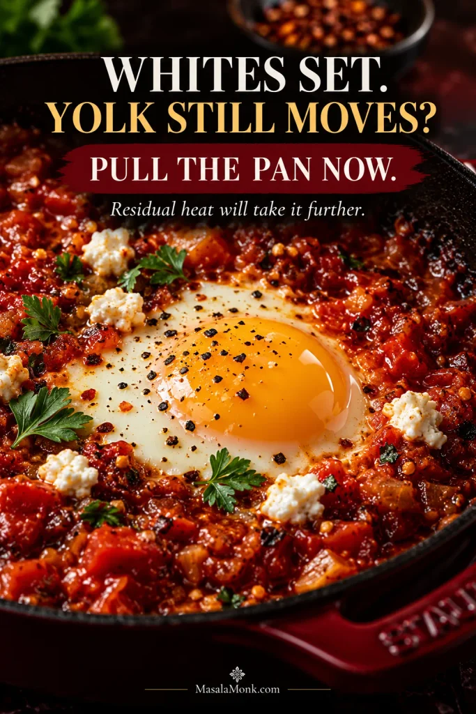 Close-up of a shakshuka egg with an opaque cooked white and a glossy domed soft yolk surrounded by thick tomato sauce.