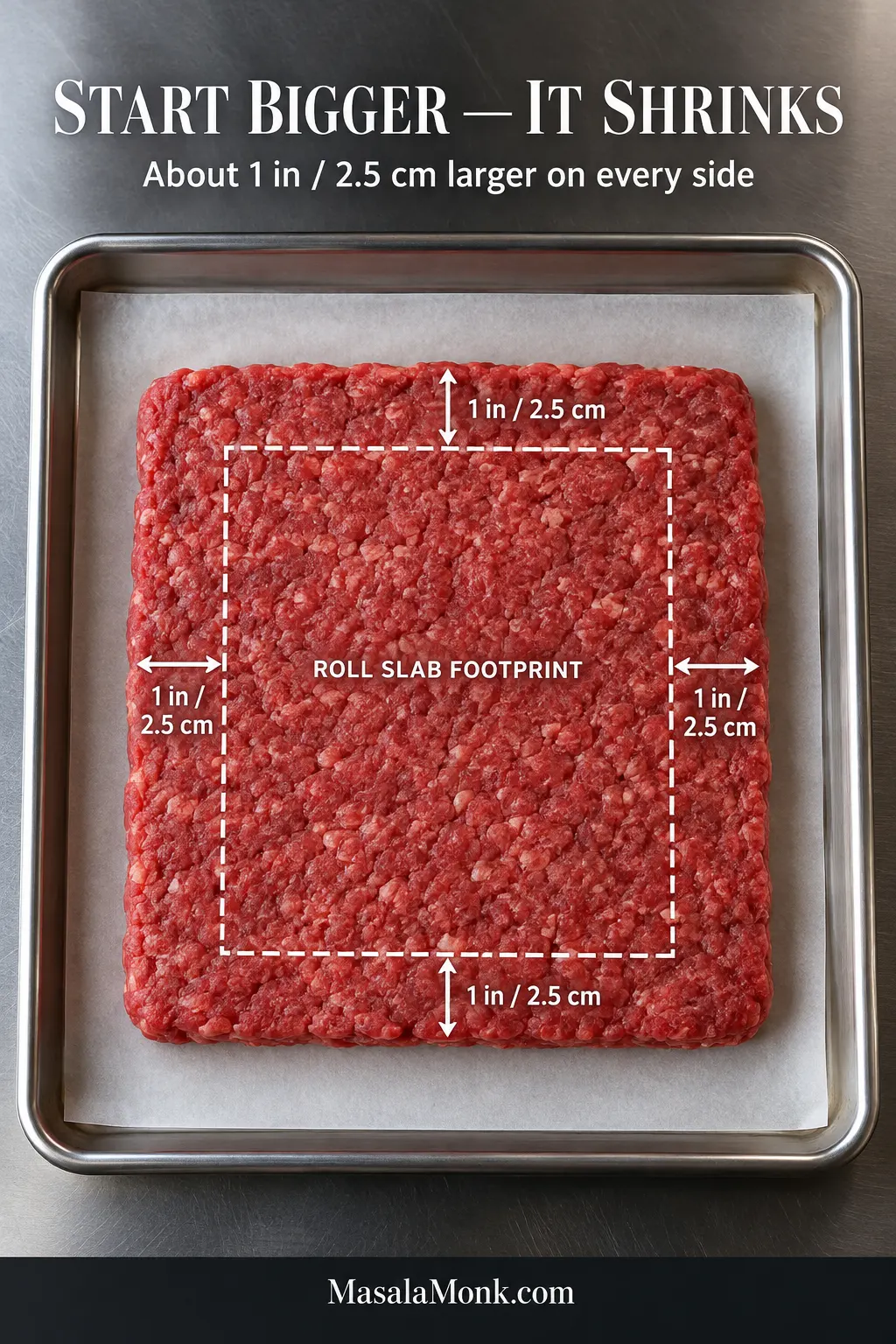 Raw rectangular beef slab on a sheet pan with a marked roll footprint and a 1 inch / 2.5 cm border shown on every side.