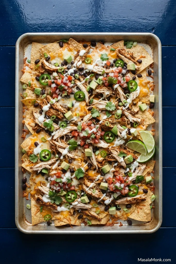 Overhead view of chicken nachos spread across a large rimmed sheet pan with toppings distributed throughout and many tortilla chip edges visible.