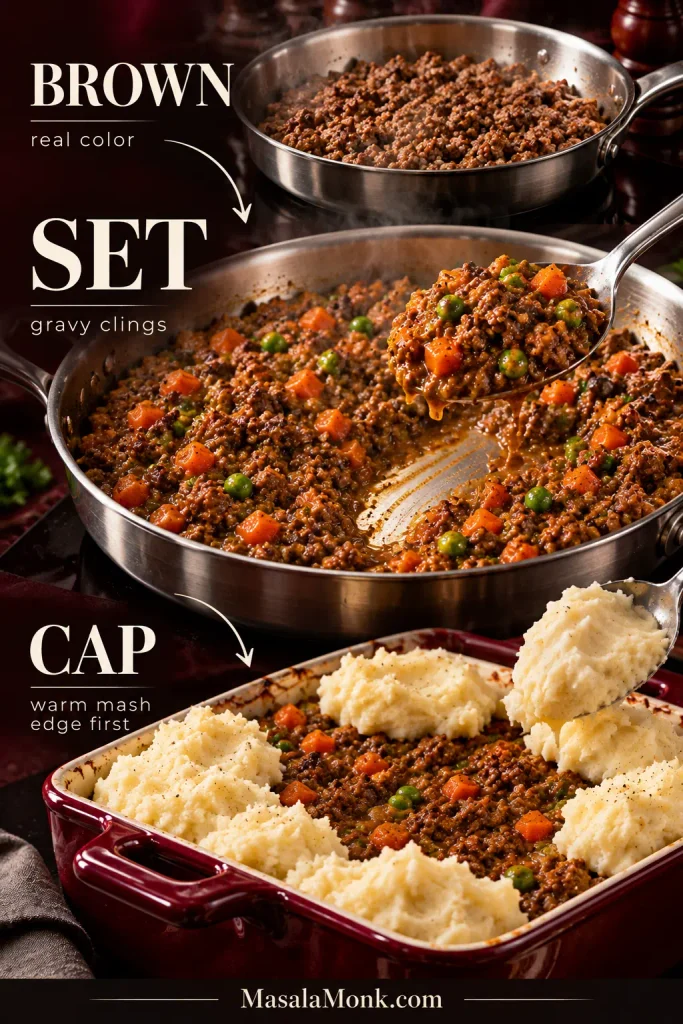 Editorial cooking guide labeled Brown, Set and Cap, showing browned ground lamb, reduced lamb-and-vegetable gravy, and mashed potatoes being added around the casserole edge.