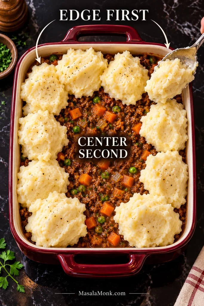 Warm mashed potatoes being spooned around the outside edge of a black-cherry casserole filled with ground lamb, carrots and peas while the center remains uncovered.