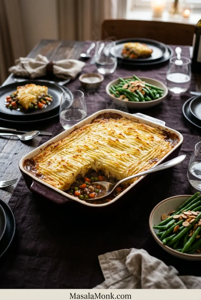 Finished shepherd’s pie in a glossy black-cherry casserole on an elegant dinner table with golden mashed potato topping, serving spoon, green beans, plates and glassware.