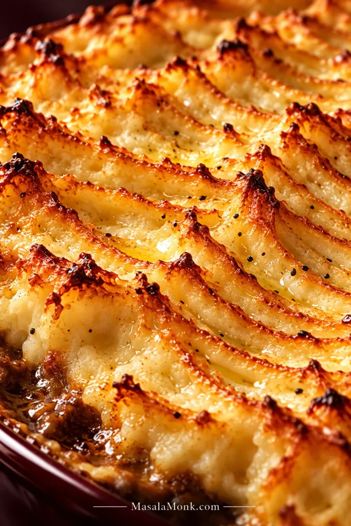 Close view of mashed potato topping with overlapping dinner-fork grooves, golden-brown raised ridges and pale creamy valleys on baked shepherd’s pie.