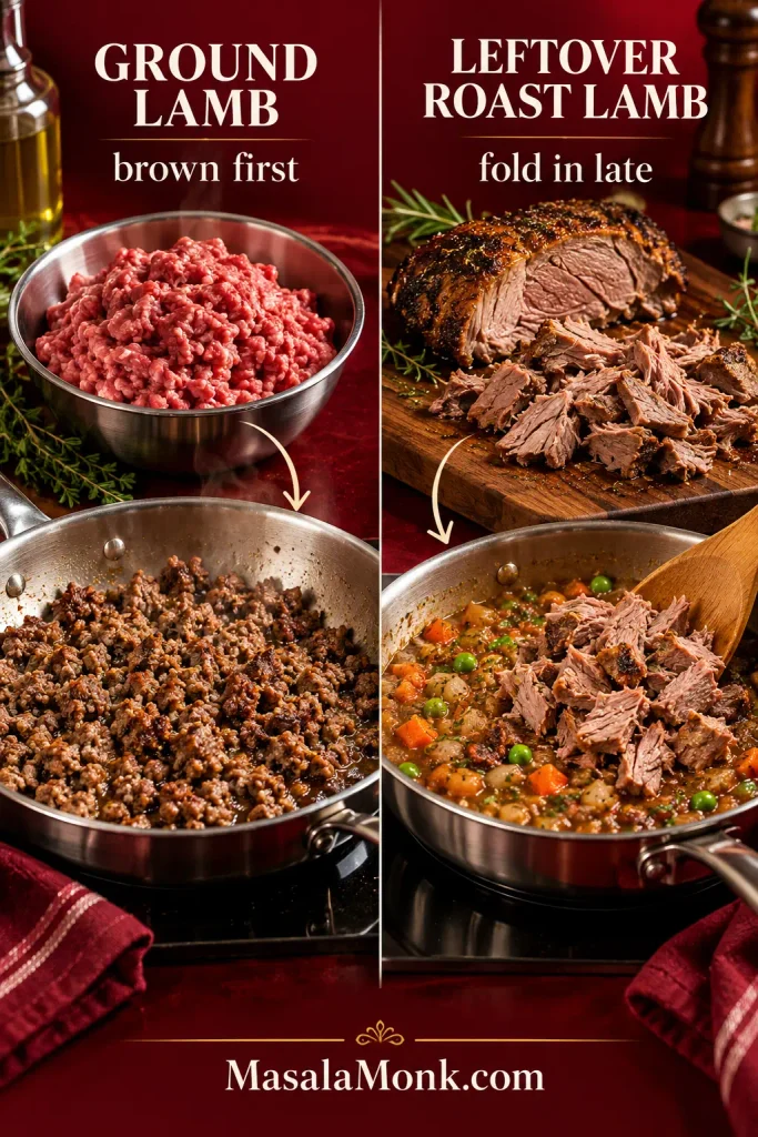 Comparison showing raw ground lamb becoming browned crumbles in a skillet and chopped cooked roast lamb being folded into an already-prepared vegetable gravy.