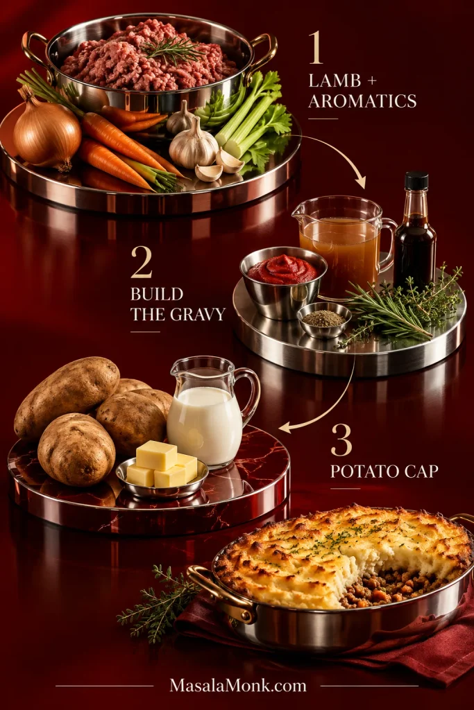 Editorial ingredient layout showing ground lamb with onion, carrot, celery and garlic; gravy ingredients including tomato paste, stock and herbs; and potatoes with butter and milk.