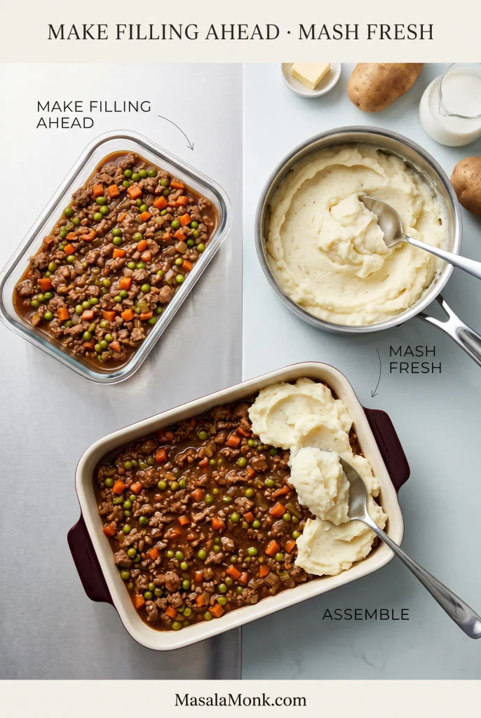 Overhead workflow showing cooled ground lamb filling in a shallow glass container, fresh mashed potatoes in a stainless saucepan, and mash being added to a black-cherry casserole.