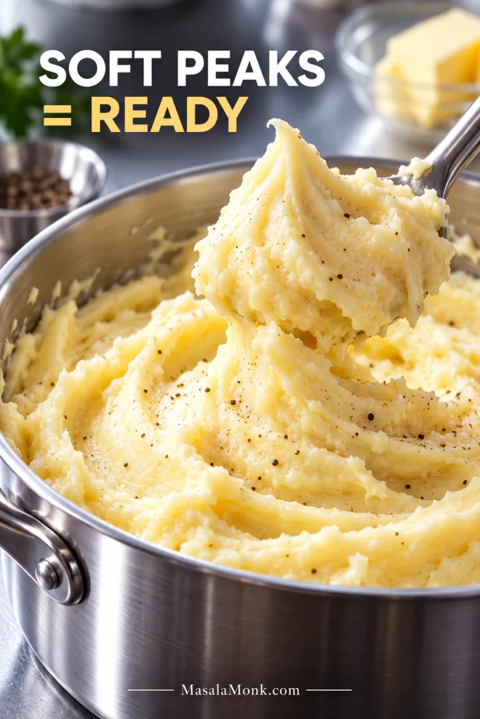 Creamy mashed potatoes in a metal saucepan holding a soft curved peak, showing the spreadable consistency used for shepherd’s pie topping.