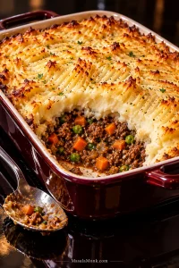 Shepherd’s pie in a glossy black-cherry casserole with golden fork-ridged mashed potatoes over ground lamb filling with carrots and peas, with a serving removed to show the layers.