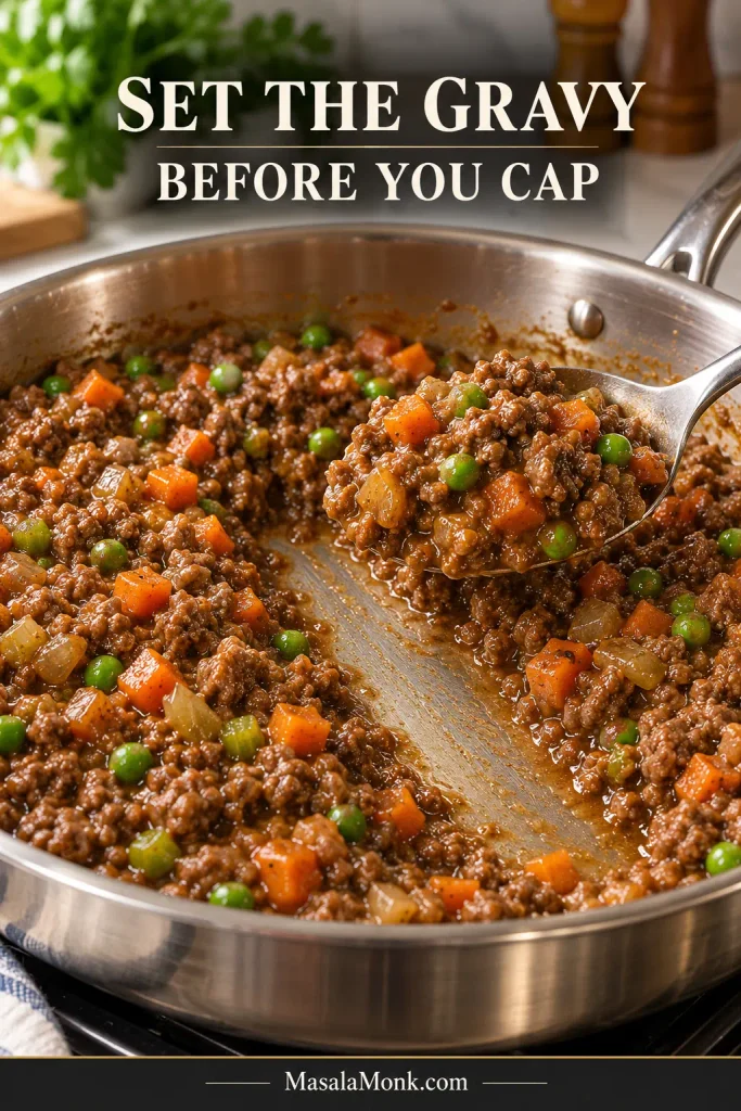 Ground lamb, carrots, peas and onions in reduced mahogany gravy, with a spoon trail exposing the stainless-steel skillet and a cohesive spoonful lifted above it.