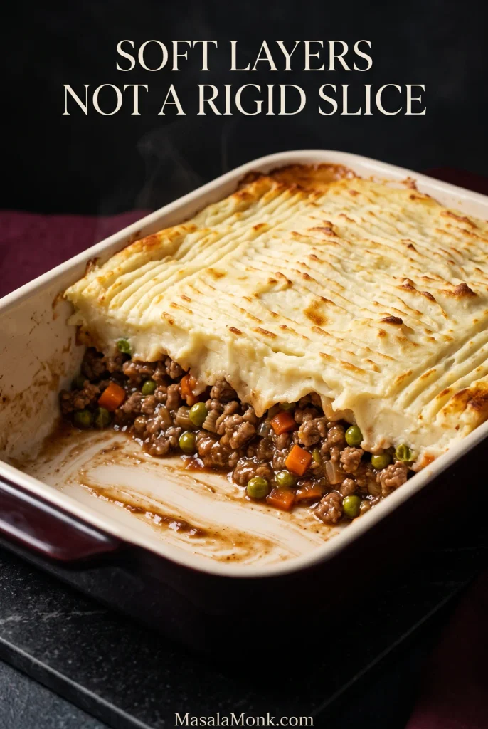 Open serving cavity in a black-cherry shepherd’s pie casserole showing creamy mashed potato above a deeper ground lamb filling with carrots and peas.