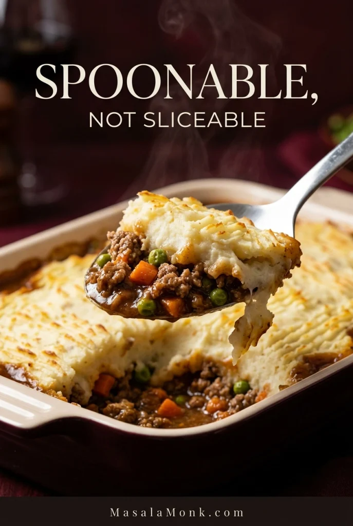 Broad serving spoon lifting an irregular soft portion of shepherd’s pie, with golden mashed potato folding into ground lamb filling with carrots, peas and onions.