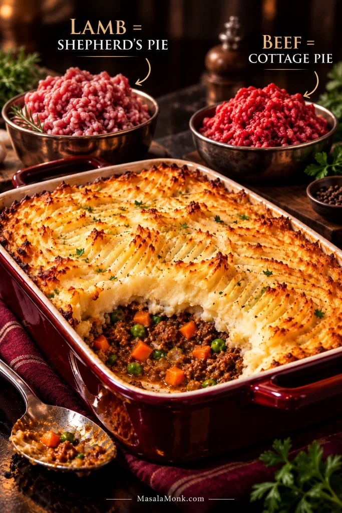 Side-by-side comparison of shepherd’s pie made with ground lamb and cottage pie made with ground beef, each finished with a golden mashed potato topping.