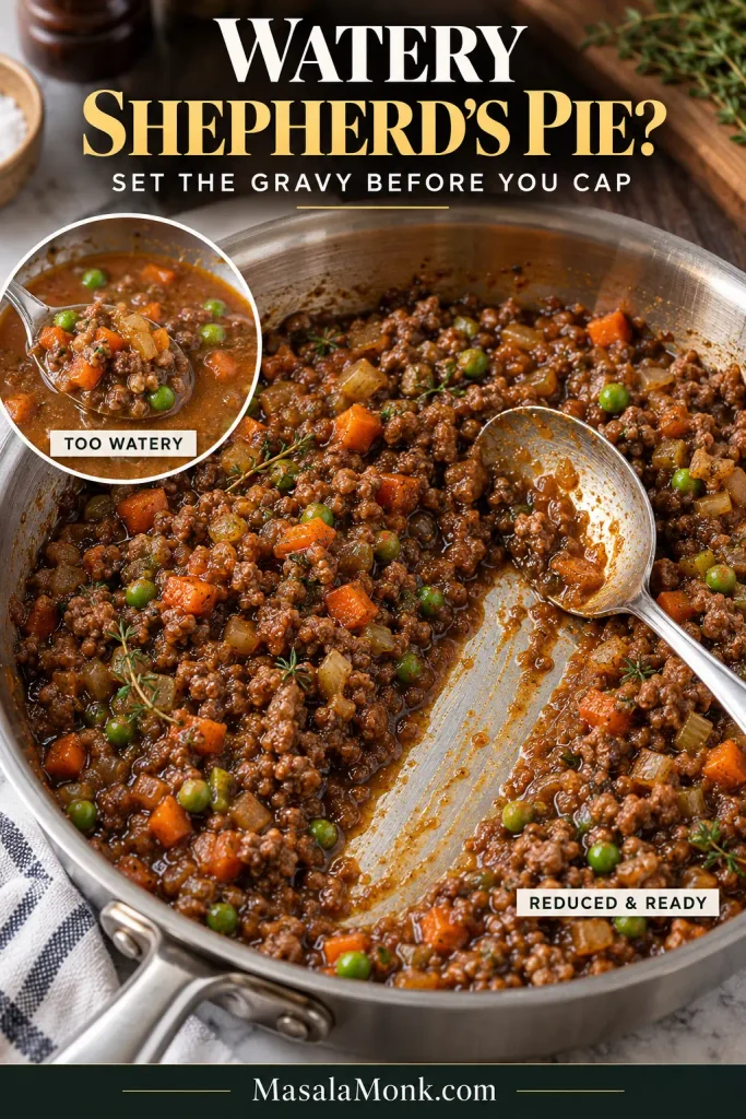 Troubleshooting image comparing loose watery shepherd’s pie filling with reduced ground lamb filling that holds together and leaves a defined spoon trail in the skillet.