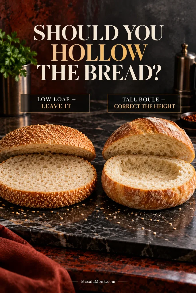 Open low sesame loaf with its crumb intact beside a taller round loaf with a shallow amount of center crumb removed.