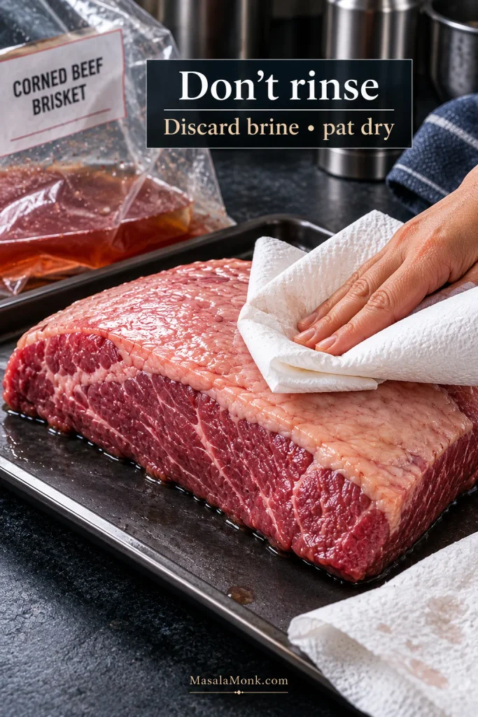 Raw cured corned beef brisket being patted dry with paper towels after the packing brine has been discarded.
