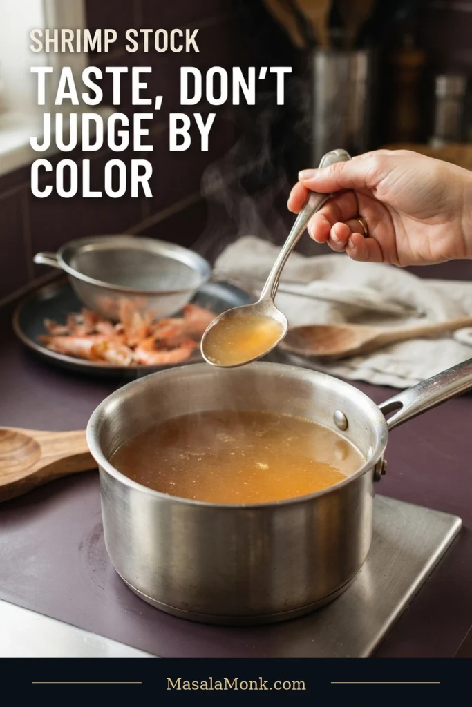 A tasting spoon holding amber shrimp stock above a stainless-steel saucepan, with a fine-mesh strainer and cooked shrimp shells in the background.