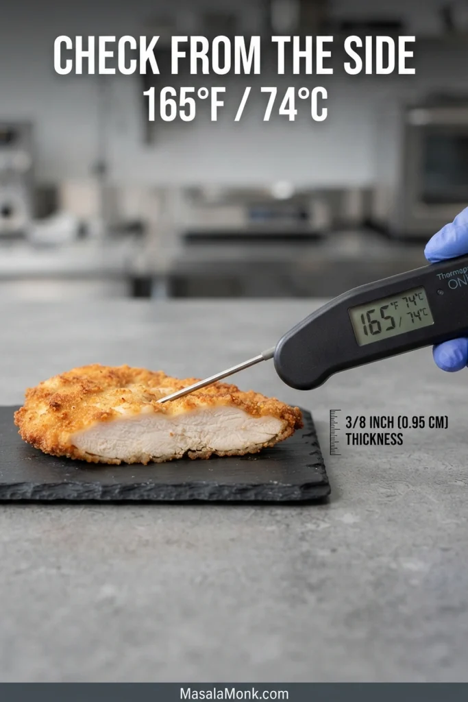 Instant-read thermometer inserted through the side of a thin fried chicken cutlet toward its center, with a safe temperature of 165 degrees Fahrenheit shown.