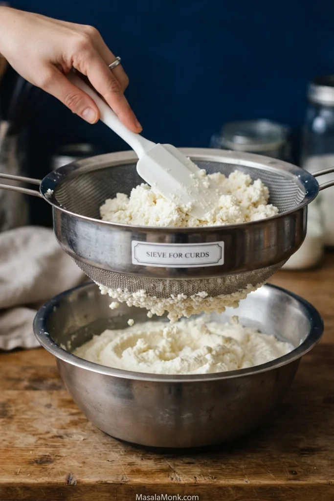 Hand pressing coarse ricotta through a fine-mesh sieve with a spatula, with finer ricotta collecting in the bowl below.