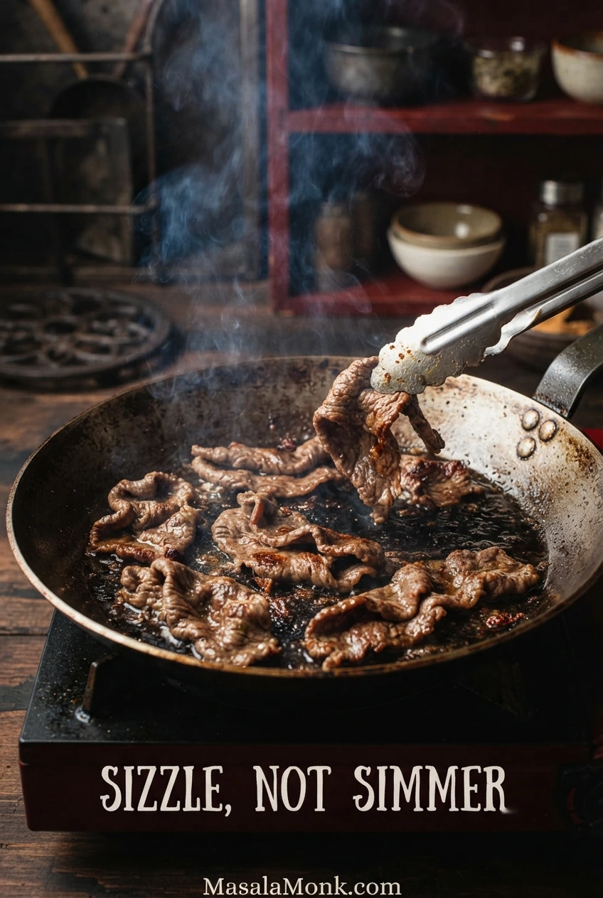 Thin slices of bulgogi beef browning in a hot skillet with exposed pan between the pieces, steam and very little pooled liquid.