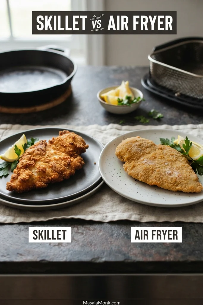 Side-by-side chicken fried chicken cutlets comparing a deeply golden, craggy skillet-fried crust with a lighter, flatter air-fryer crust.