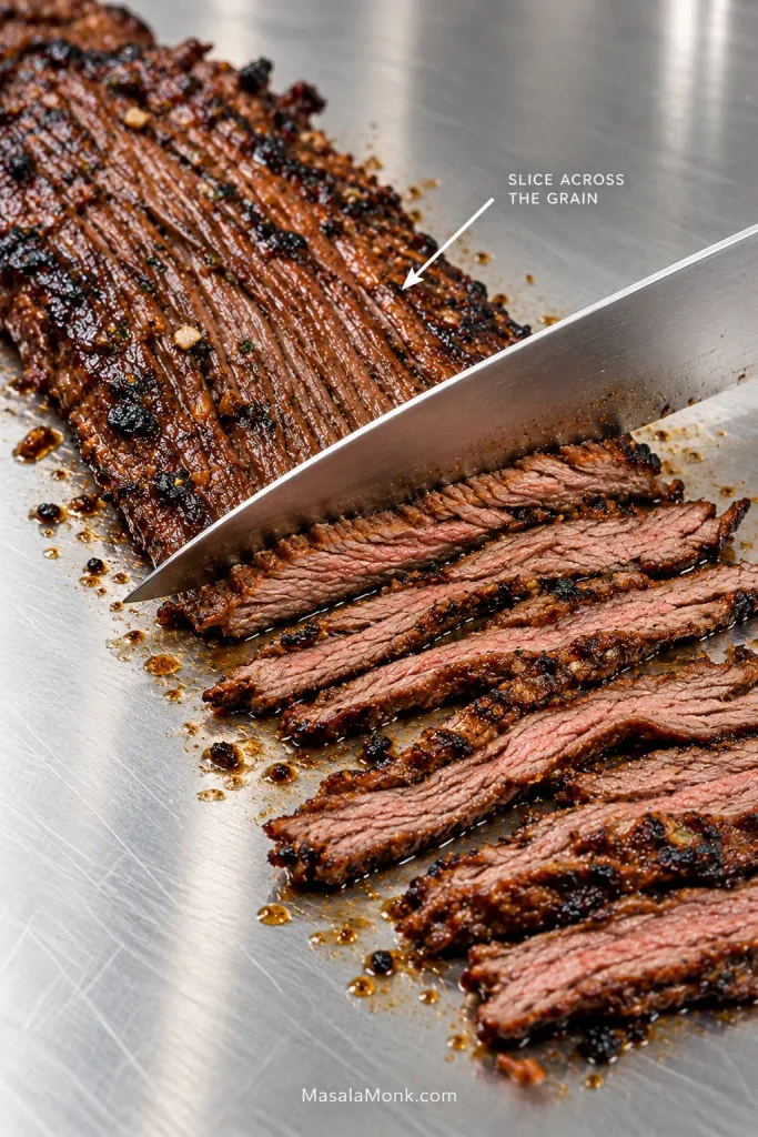 Chef’s knife slicing cooked skirt steak perpendicular to visible muscle fibers on a stainless surface, with text reading 'Slice across the grain.'