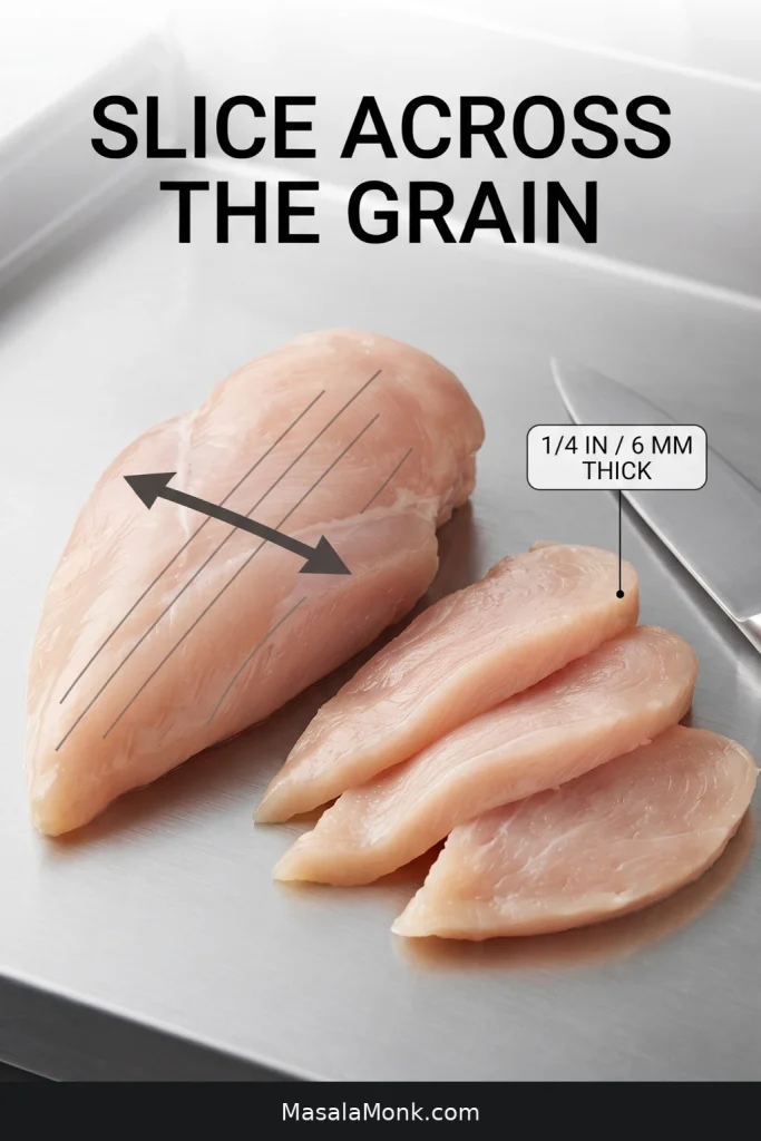 Raw chicken breast with grain-direction lines, an across-grain arrow and thin slices labeled about ¼ inch / 6 mm thick.
