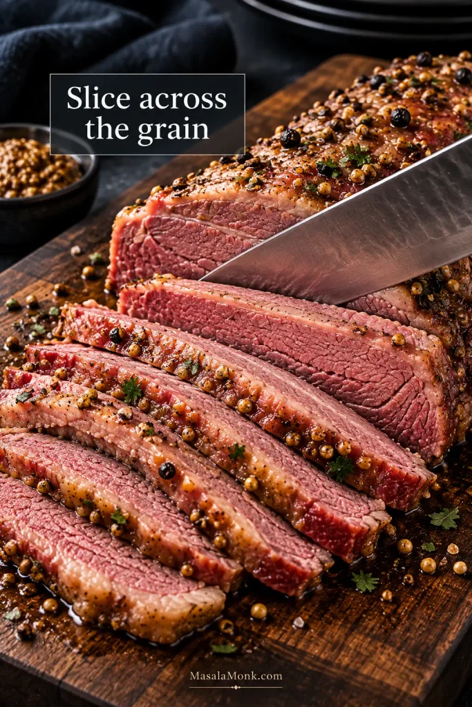 A knife slicing moist cooked corned beef brisket across the visible direction of the muscle fibers.