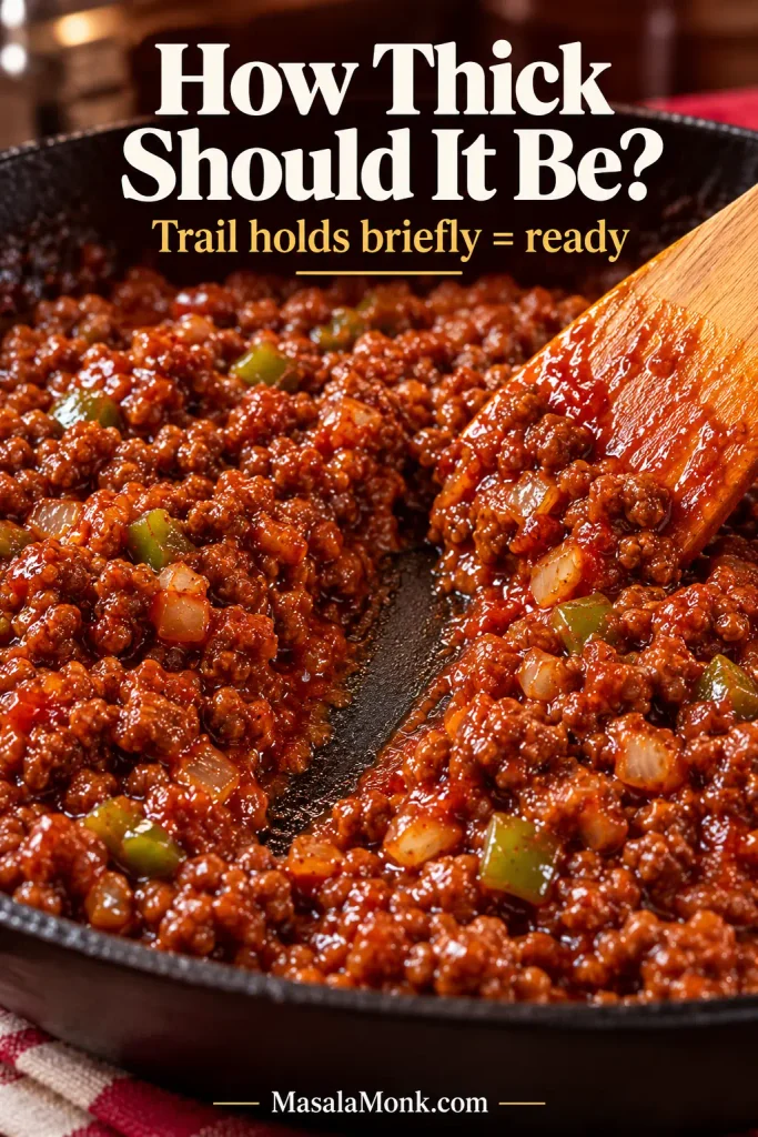 Thick glossy Sloppy Joe filling in a skillet with a spatula trail remaining visible through the center before the mixture settles back.