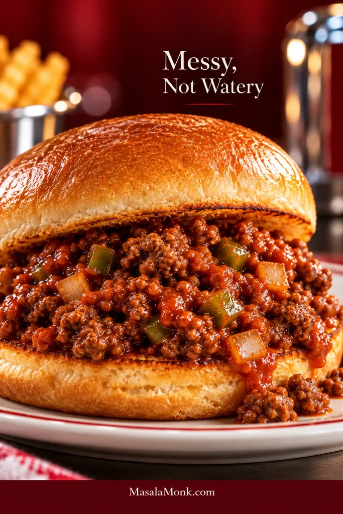 Close-up of thick Sloppy Joe filling with irregular browned beef crumbles, small onion and green pepper pieces, and glossy sauce on a toasted bun.