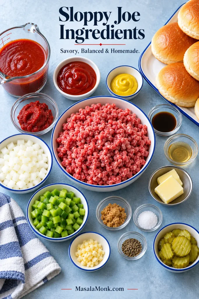 Overhead arrangement of ground beef, diced onion and green pepper, garlic, tomato products, ketchup, mustard, Worcestershire, vinegar, seasonings, buns, butter and pickles.