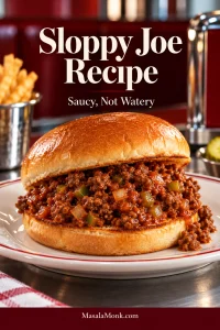 Sloppy Joe on a toasted golden hamburger bun with thick reddish-brown ground-beef filling, finely diced onion and green pepper, served on a diner plate.