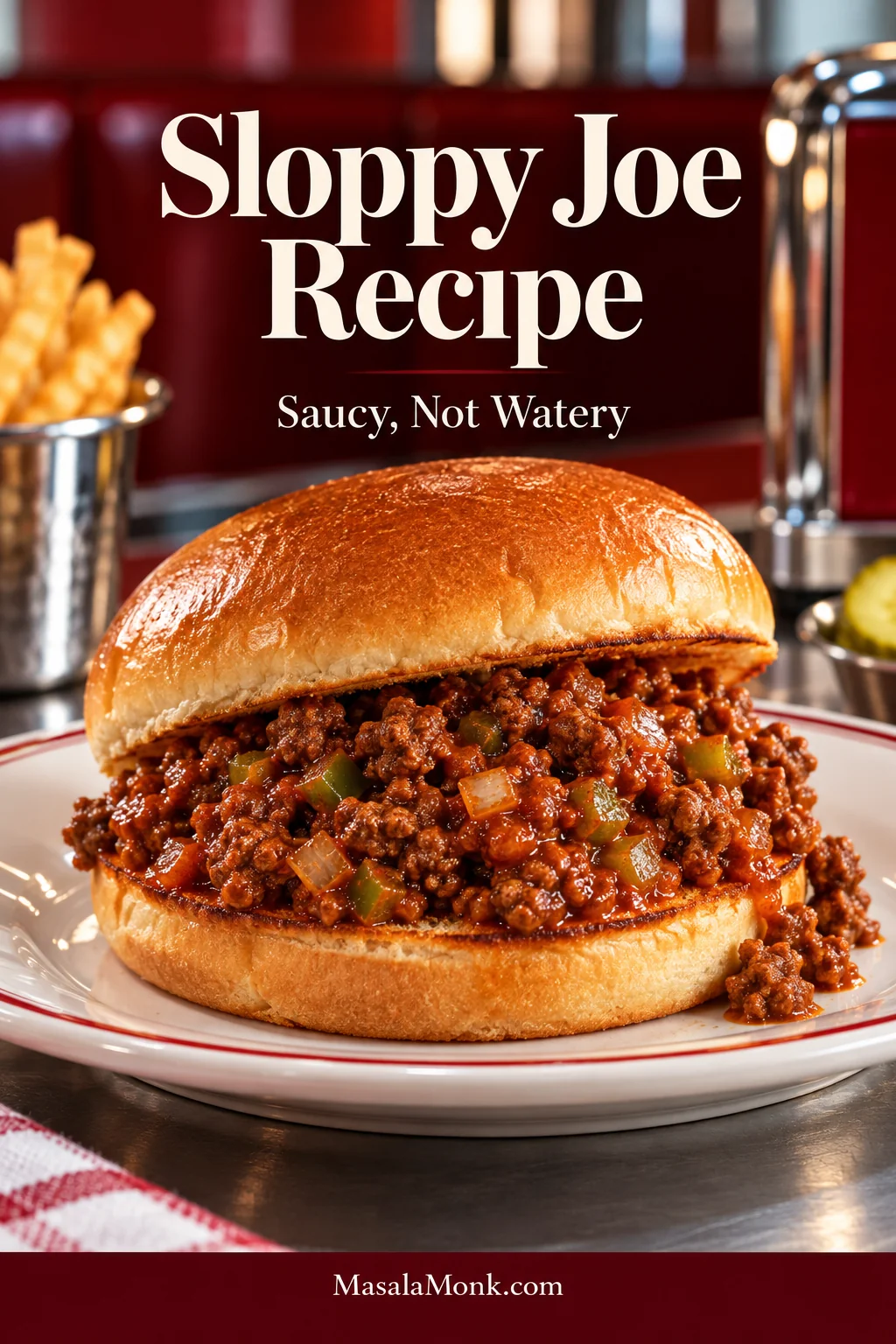 Sloppy Joe on a toasted golden hamburger bun with thick reddish-brown ground-beef filling, finely diced onion and green pepper, served on a diner plate.