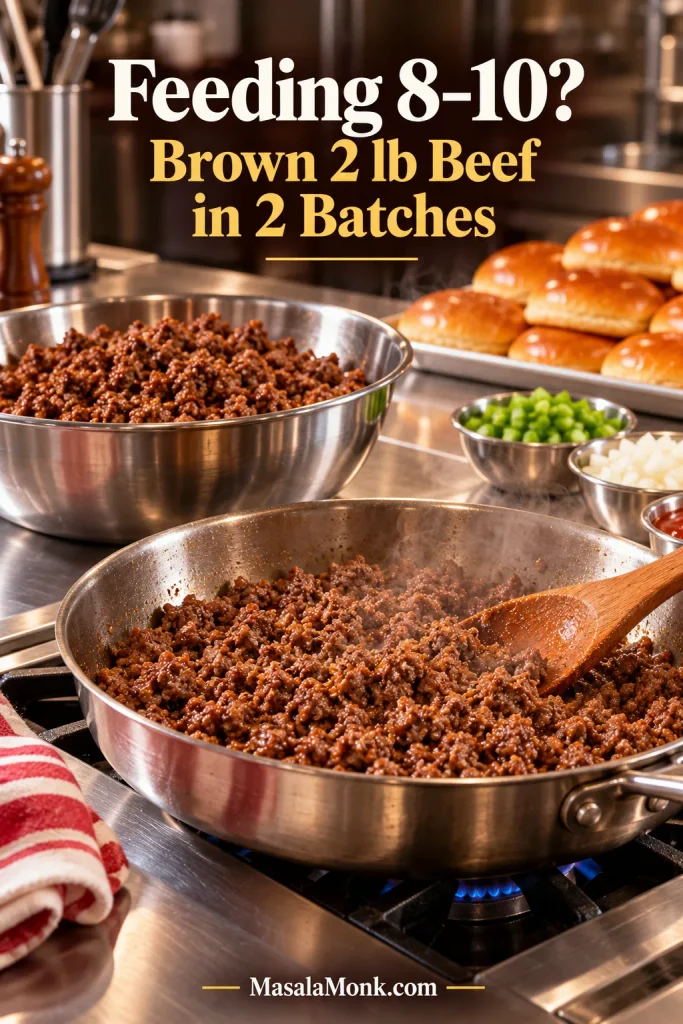 Ground beef being browned in batches in a large skillet, with another cooked batch nearby and hamburger buns ready for serving a crowd.