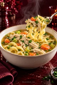Steaming bowl of chicken noodle soup with clear golden broth, wide egg noodles, shredded chicken, carrots, celery and parsley, with noodles lifted on a spoon.