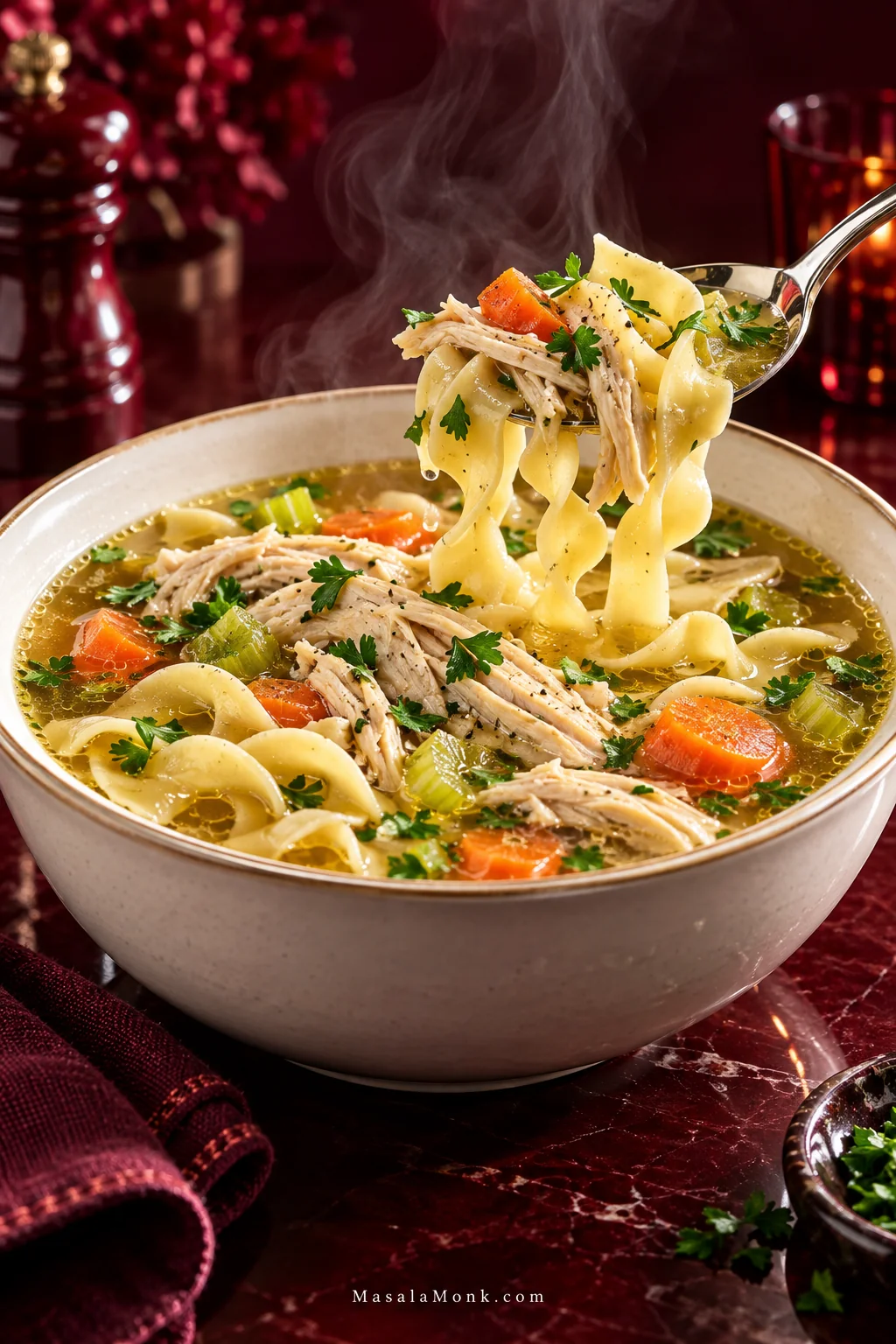 Steaming bowl of chicken noodle soup with clear golden broth, wide egg noodles, shredded chicken, carrots, celery and parsley, with noodles lifted on a spoon.