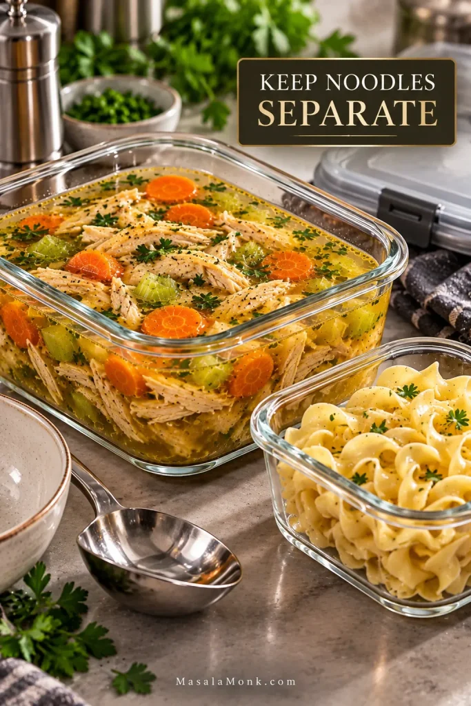 Clear glass container of chicken, carrots and celery in golden broth beside a separate glass container of cooked wide egg noodles; text reads “Keep Noodles Separate.”