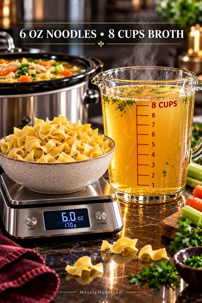 Digital kitchen scale holding wide egg noodles at 6.0 ounces and 170 grams beside a glass measure containing 8 cups of golden chicken broth.