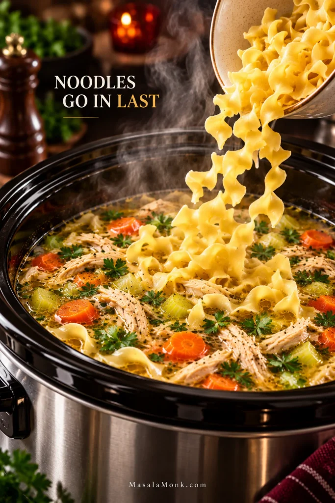 Dry wide egg noodles being poured into a steaming slow cooker after the shredded chicken, carrots and celery are fully cooked; text reads “Noodles Go In Last.”